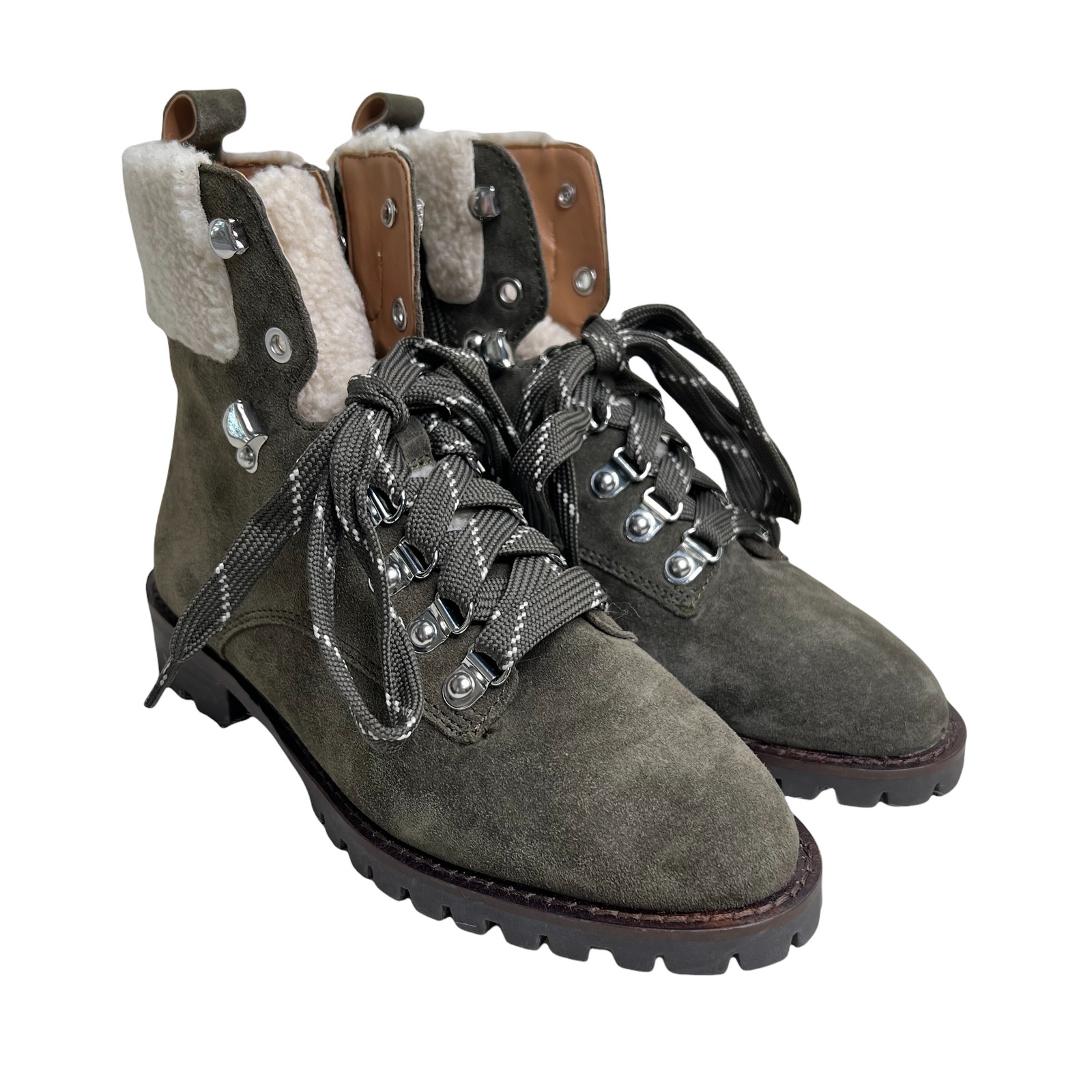 Nwob Rebecca Minkoff Leather Olive Green Hiking Boots 6m Zip Up Tie Faux Fur